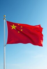 China's vibrant red flag with yellow stars against a blue sky