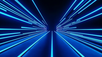 Abstract blue neon light tunnel. Futuristic technology background.