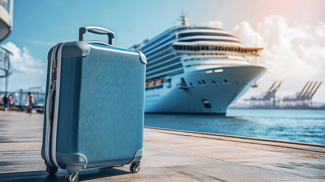 Blue Suitcase Travel Cruise Ship Ocean Vacation Summer Holiday Journey Trip Baggage Luggage Port Departure Waterfront Seascape Sky Voyage Wheels      