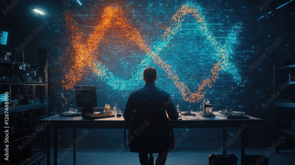 Poster scientist studies dna data projection in lab