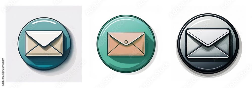 Fototapete Three envelope icons in circular frames, each with unique colors and design styles, depicting digital mail or message symbols for user interface.