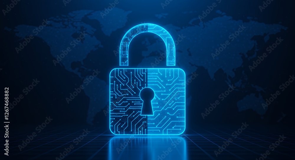 Poster digital security lock: cyber protection & global data safety - futuristic tech circuit lock with wor