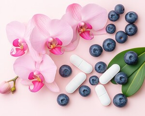 Supplement capsules with pink orchid petals in a wellness theme. Vitamin capsules with orchids and fresh blueberries.