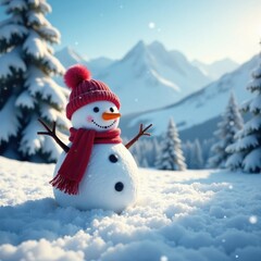 Obraz premium Snowman in snowy landscape with frozen trees and mountains , serene atmosphere, winter scenery