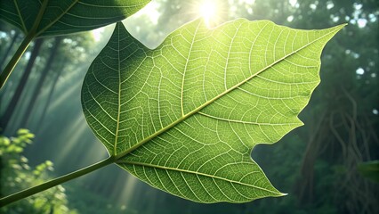 Sunlight Through Leaves: A single, vibrant green leaf bathed in sunlight, revealing intricate details and patterns. The sun rays illuminate the leaf, creating a natural, abstract masterpiece.
