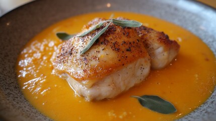 Deliciously plated fish with a vibrant orange sauce and fresh herbs in a fine dining setting