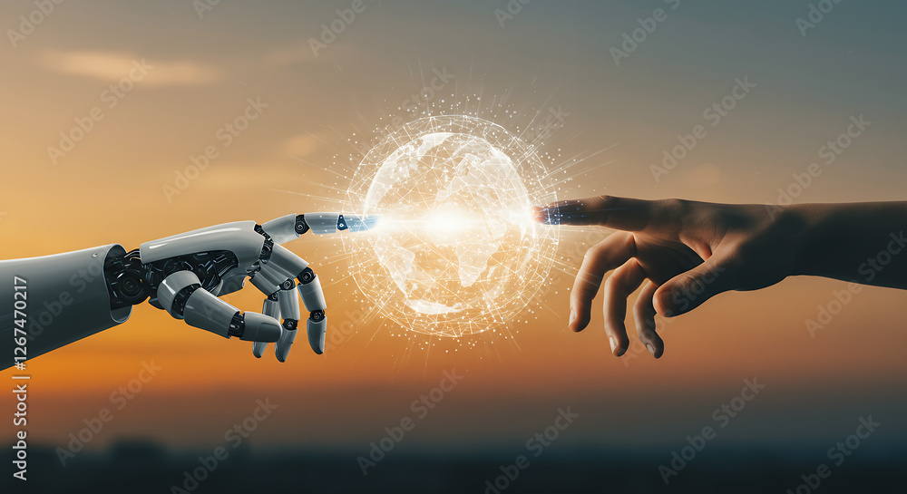 Poster ai & humanity: touching the future. human and robot hands connecting through technology. artificial 