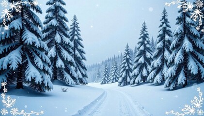 Fototapeta premium Snowy Forest Background with Snowflake Border, peaceful, illustration