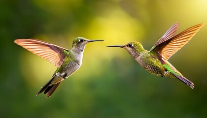 two hummingbirds flying in the air motion capture of two birds green background