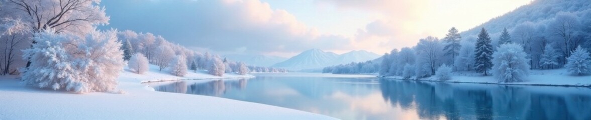 Snowy landscape with frosty trees and icy lake, winter, tree, frozen