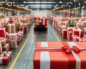 Obraz premium A vibrant warehouse filled with beautifully wrapped Christmas gifts and a delivery truck ready for holiday distribution.