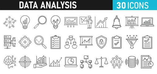 Data analysis Icons set. Data analytics icons for web and mobile app. Data process, Graphs, traffic analysis, research, chart, statistics, analytics, performance.