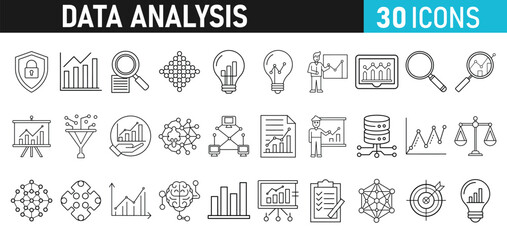 Data analysis Icons set. Data analytics icons for web and mobile app. Data process, Graphs, traffic analysis, research, chart, statistics, analytics, performance.