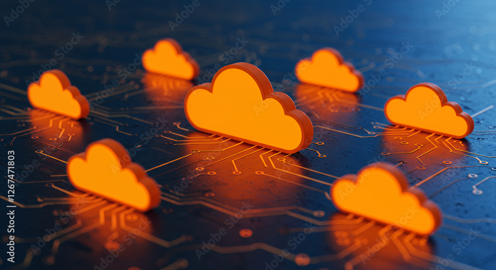 Aufkleber cloud computing network: orange clouds on circuit board, data flow, technology connection, digital f