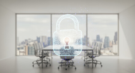 Cyber Security in the Boardroom: Secure Meetings & Data Protection.  Modern Conference Room with Digital Lock Overlay.