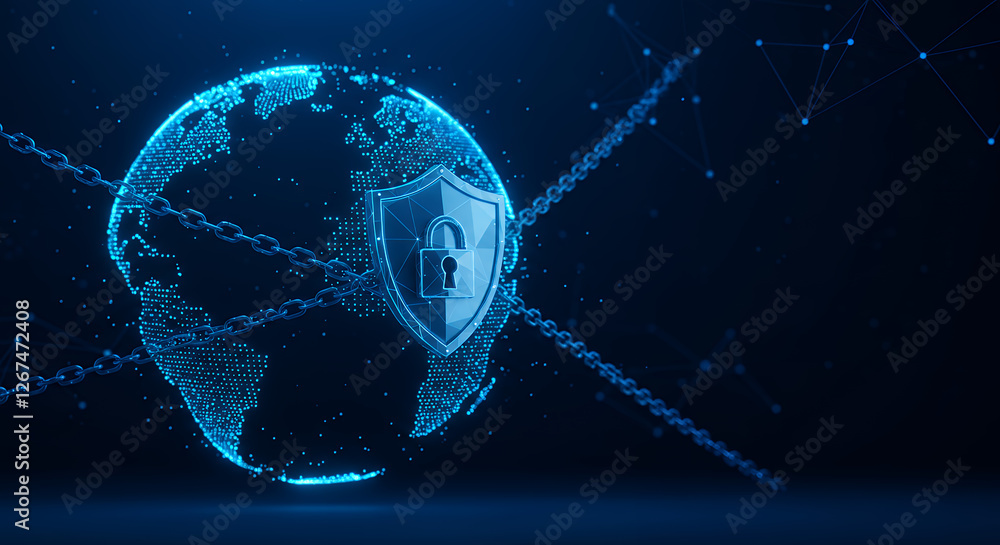 Poster ** global security: data protection shield with blockchain network & cyber chains, guarding earth's 