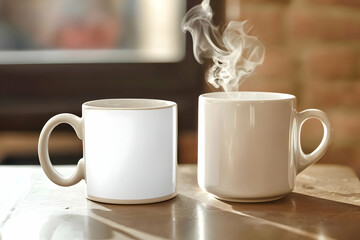 Aerial shot of a blank mug beside a steaming coffee cup on a cafe table.