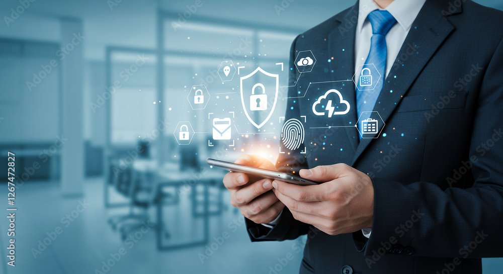 Poster mobile security: businessman using phone with data protection, cloud tech & fingerprint access. secu