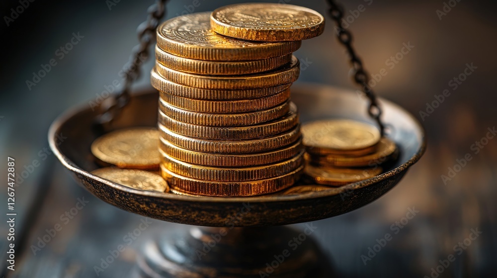 Poster a balanced scale holds a stack of shiny coins, symbolizing wealth and financial stability in a rusti