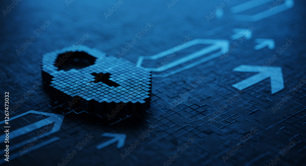 Poster digital security: pixelated padlock & arrows - data protection, cyber safety, & secure navigation