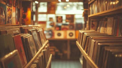An image of a record store. Vintage vinyl records in a vintage store. Collection of nostalgic lighting in the dark. A picture of a vinyl lifestyle record shop.