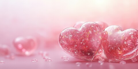 Heart-shaped decorations sparkle in soft pink light during romantic celebration