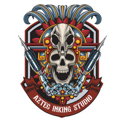  Vector Illustration of Astec Skull with Tattoo Machine in Detailed Vintage Illustration Available for Tshirt Design