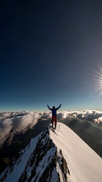 The climber stands atop the peak, arms raised. The clouds part, revealing a vast, sunlit horizon, as triumphant in the background. Vertical video backgrounds
