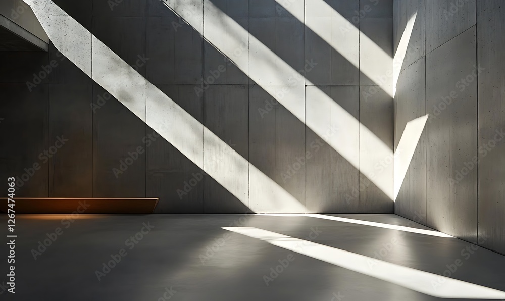 Poster a abstract concrete minimalist interior with concrete walls and light casting angular shadows.