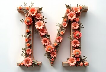 Letter M made of real natural flowers and leaves. Flower font concept. Unique collection of letters and numbers. Spring, summer and valentines creative idea.
