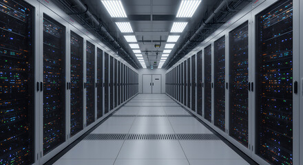 Data Center Server Room: Secure Technology Infrastructure, Cloud Computing, Network Racks, and High Performance Computing.
