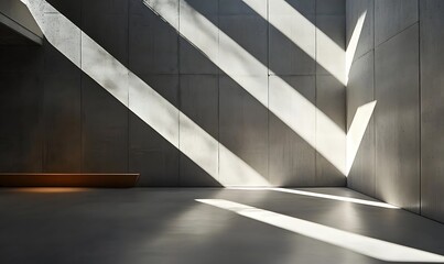 Obraz premium A abstract concrete minimalist interior with concrete walls and light casting angular shadows. 