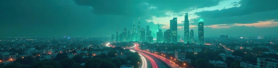 Fototapeta premium Soft teal glow illuminates a futuristic cityscape at dusk, glowing, teal