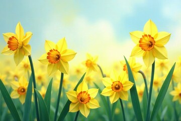 Obraz premium Soft watercolor daffodil field, blooming, meadow, spring