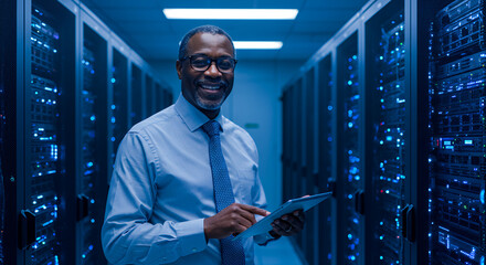 ** IT Engineer Managing Server Room with Tablet: Data Center, Cloud Computing, Technology Solutions, Security & Networking Expert