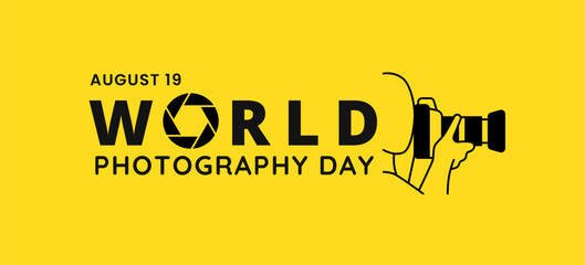World Photography day 19 August, vector illustration art banner poster, yellow background.