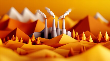 Low-poly 3D render of an industrial landscape.  Orange and grey tones create a warm, almost autumnal mood.