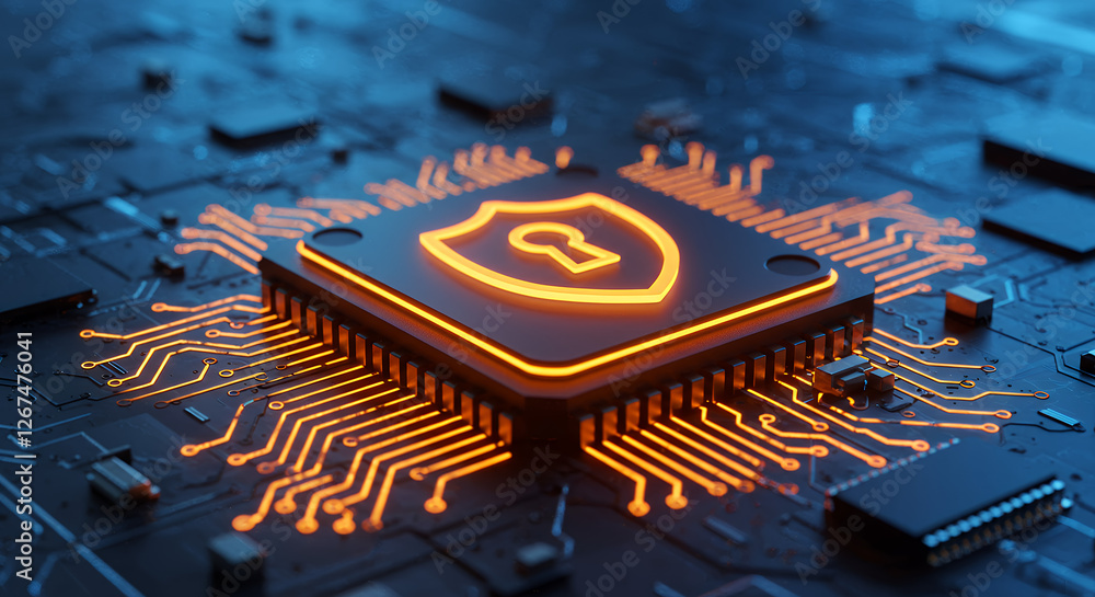Poster cybersecurity chip: secure data, tech protection, & ai security. advanced technology & data privacy 