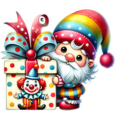 Naklejka premium Funny gnome peeking from behind a clown-themed gift box, looking sneaky