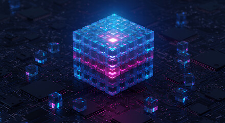Quantum Computing Cube: Futuristic Tech, AI, & Blockchain Innovation - Abstract Circuit Board with Glowing Neon Cubes, Data Processing