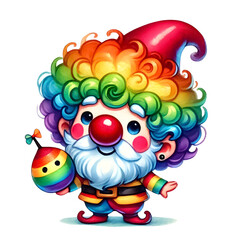 Obraz premium Cute gnome with a red clown nose and a rainbow wig, holding a tiny whoopee cushion