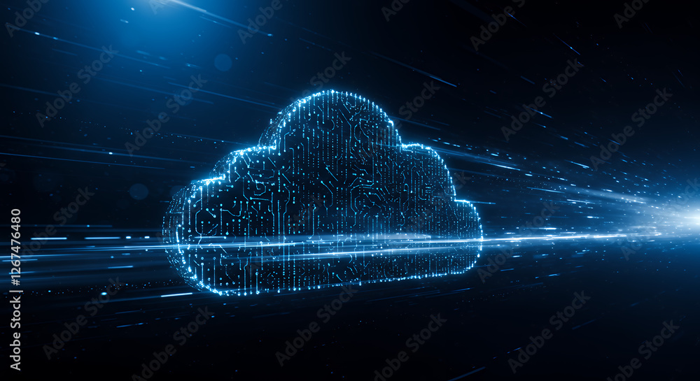 Poster digital cloud: futuristic circuit board data stream - tech, ai, & cloud computing innovation