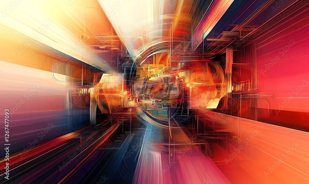 Poster abstract digital design with vibrant colors and geometric shapes creating a sense of motion creating