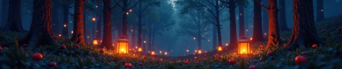 Fototapeta premium Softly glowing lanterns illuminate a serene forest landscape, evening glow, serene environment, blurred background