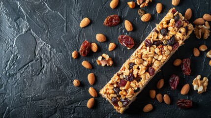 Homemade granola bars with nuts and dried fruit on a dark textured table, flat lay