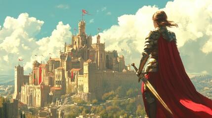 Fototapeta premium In a dark medieval fantasy world, a knight girl in full armor holds a sword against the backdrop of an ancient castle.