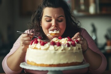 Woman Enjoying Delicious Raspberry Cake