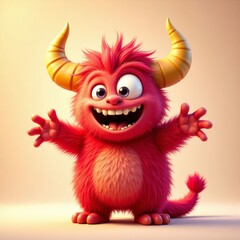 Furry Red Monster with Yellow Horns and Big Smile