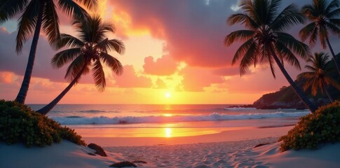 Softly glowing sunset fades behind palms as sandy shoreline beckons serene tranquility , golden hour, tropical beach