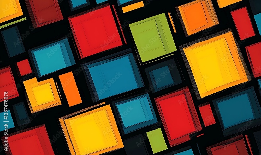 Fototapete Abstract colorful pattern with overlapping rectangles and squares on a dark background arranged in an overlapping pattern against a dark background.

